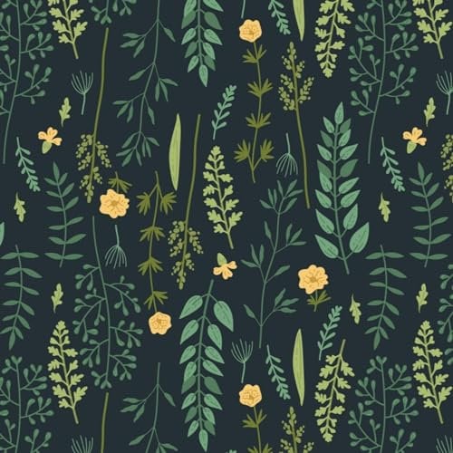 Fiula Self Adhesive Wallpaper 41CMx3M Peel and Stick Wallpaper Yellow Floral Vinyl Wrap Navy Blue Furniture Sticker Renter Friendly Wallpaper Removable Living Room Bedroom Bathroom Green Leaf
