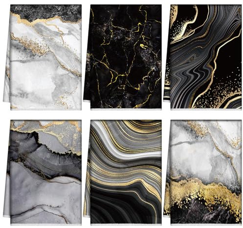 Boyiee Geschirrtücher aus Marmor, 6 Stück, goldfarben, schwarz, Marmor, Geschirrtücher, 61 x 40 cm, moderne saugfähige Handwaschlappen, Einweihungsgeschenke für Bauernhaus, Küche, Badezimmer