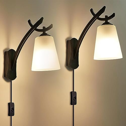 LGDEERCO 2er-Pack Schwarze Wandleuchte, industrielle Wandleuchte mit Steckerschalter, milchig-weißer Glasschirm, Plug-in-Wandleuchte, 2er-Set für Schlafzimmer, Wohnzimmer, Nachttisch, Flur