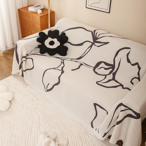 Mesnt Sofabezug Recamiere, Schwarz Sofaschoner Überwurfdecke Sofaschutz für Katze/Hunde Einfaches Blumenmuster mit Fransen aus Polyester Baumwolle, 180x260cm