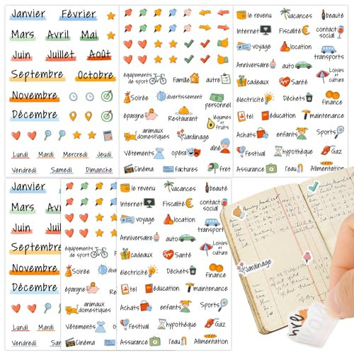 BETESSIN 6 Blätter Budget Planner Sticker Französische Beschriftung Budget Binder Aufkleber Bunte Budgetplaner Zubehör Stickers mit Cartoon-Muster für Bindertaschen Spar Challenge Geld Organizer