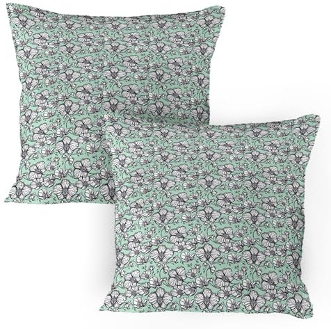 ABAKUHAUS Blumen Kissenbezug mit 2, Wilder Orchideen-exotischer Frühling blüht weibliche themenorientierte Hand gezeichnete Anlagen, Gedruckter Kissenbezug, 80 x 80 cm, Mintgrün Marineblau Weiß