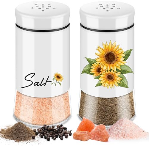 Salz und Pfefferstreuer 2er Set - 5 Unzen Salzstreuer Glas, Pfeffer Gewürzstreuer, Klein mit Glasboden und Edelstahldeckel, für Küche, BBQ, Wohnmobil Nachfüllbares Design - Weiß Sonnenblume