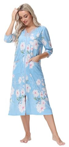 Albornoz de Mujer con Cremallera Delantera, Bata Ligera, camisón con Cremallera, Medias Mangas, Ropa de casa con Bolsillo, Azul, Estampado Floral, Talla L