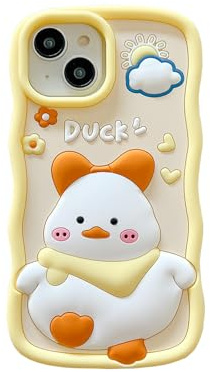 QoKcoahn Hülle kompatibel mit iPhone 13, niedliche 3D Kawaii lustige Schal-Ente Cartoon-Hülle mit Schlüsselanhänger, weiches Silikon-Gel Sturzschutz für Damen und Mädchen