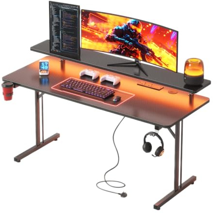 CAIYUN Gaming Desk, 120 x 50 cm Computer Desk with LED Light Strips & Power Outlets, Office Table with Full Monitor Stand Carbon Fiber Black