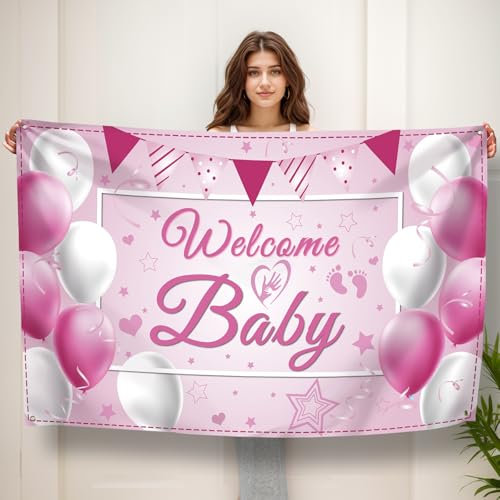 Koliphy Welcome Baby Girl Decorations - Handheld Banner & Garland for Baby Shower Kids Birthday Decoration (Pink)