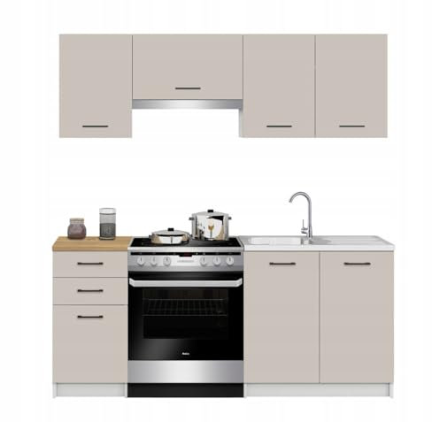 Laclar Kaschmir Küchenmöbel-Set 180 cm mit Arbeitsplatten Eiche Stein - Komplette, Moderne Küchenmöbel zur Selbstmontage - erweiterbar - 1 Küchenarbeitsplatten