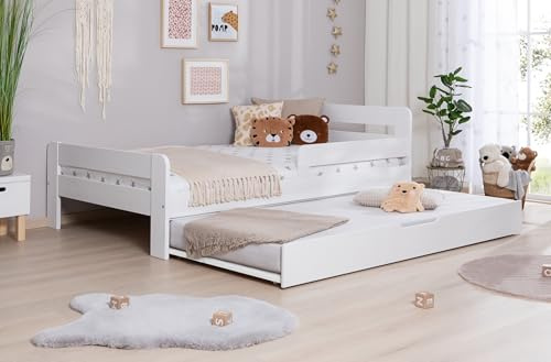 TiCAA Einzelbett Kinderbett Jugendbett, Bennet mit Zusatzbett Rausfallschutz für Schlafzimmer, Kinderzimmer Kiefer Massivholz Bettgestell 90/120 x 200 cm