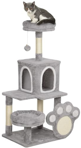 PawHut Árbol Rascador para Gatos 110 cm con Nidos, Cueva, Plataforma, Almohadilla de Rascado, Bola Colgante Gris Claro