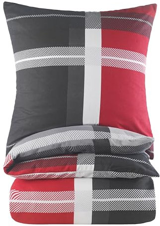 BaSaTex Feinbiber Winter Bettwäsche warme und kuschelige Bettgarnitur und Kissenbezug 135x200 + 80x80 cm | 100% Baumwolle | Thomas - Anthrazit Rot