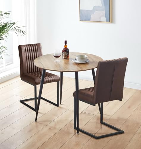 Hallowood Furniture Cullompton Oak Effect Top Dining Table and Chairs Set 2 | Round 90cm Small Kitchen Table and Brown Leather Effect Dining Chairs with Vertical Stitch, Rustic Dining Set for Small Space