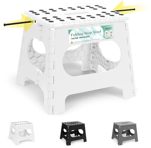 HEIMWOHL Reinforced Folding Step Stool, 11 Inch White Foldable Stool with Enhanced Stability, Anti-Slip Design for Kids & Adults, Supports 150kg, Lightweight, Easy to Store, Ideal for Kitchen