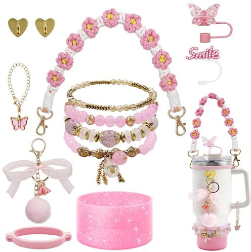 SNAIL GARDEN 13 pcs Accessories Set for Stanley Cup Include Beads Bracelets,Straw Covers,Cup Boot, Hanging Charms, Heart Hooks, Handle Strap Cup Ring,Pink Stanley Cup Accessories Set for 30/40oz