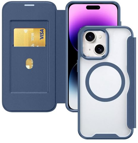 HAONANDE Magnetisch Handyhülle für iPhone 13 / iPhone 14, Klapphülle Kompatibel mit MagSafe, RFID Blocker, Kartenfach, PU Leder Flip Stoßfest Schutzhülle Klar Case Blau