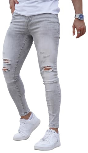 GINGTTO Pantalon Jeans Homme Gris Skinny Déchiré Slim Fit Ripped Denim Jegging Stretch Élastiquée Ajustée 28W 30L