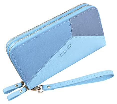 Damen-Geldbörse mit doppeltem Reißverschluss, lang, große Kapazität, Clutch, doppellagig, kontrastierende Farbwechsel, Handytasche, Tagesplaner, Geldbörse, blau, Einheitsgröße