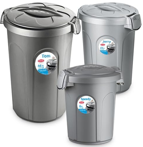 Home Centre Indoor Outdoor Clip On Locking Lid Set of 3 Grey Plastic Waterproof Waste Bin Garden Garage Office Kitchen Home Suitable Dustbin Sturdy Heavy Duty Rubbish Recycle Sortation 8l 23l 46l