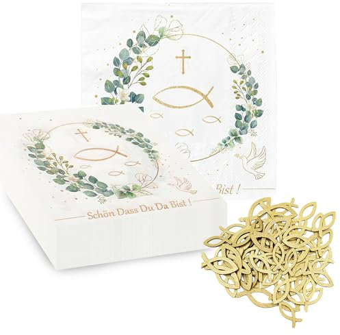 20 Stück Kommunion Servietten 'Schön, dass Du da bist!', 45 Stück Fischdekoration aus Holz, Fisch-Tischdekoration für Taufe, Konfirmation Oder Andere Festliche Anlässe, Kommunion Deko, 33 X 33cm