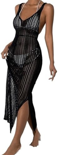 L6NqIAG Vestido Playero de Malla Transparente for Mujer, Vestido Playero Sexy sin Mangas con Abertura, Traje de baño Liso de Rejilla for Verano Vestidos de Playa(Black)