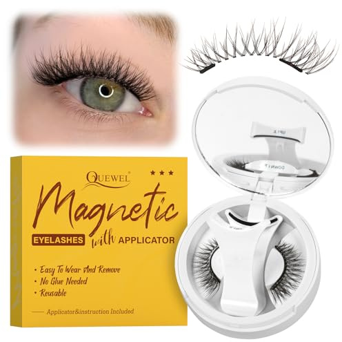 QUEWEL Magnetic-Eyelashes with Applicator, 1 Pair Upgrade Magnetic-Lashes No Glue or Eyeliner Needed, Reusable Eyelashes Magnetic Easy to Wear and Remove (NZ-B)