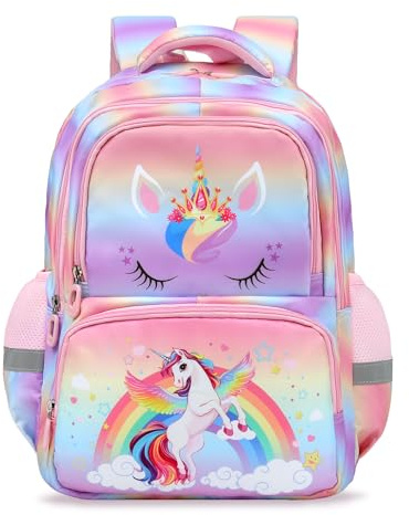 decalsweet Schulrucksack Teenager mit Brustgurt, 6-12 Jahre Lässig Kinderrucksack mit Reflexstreifen, Grosse Kapazität und Leicht Rucksack Kinder, Kinderrucksack Mädchen für Schule und Reise (Einhorn)