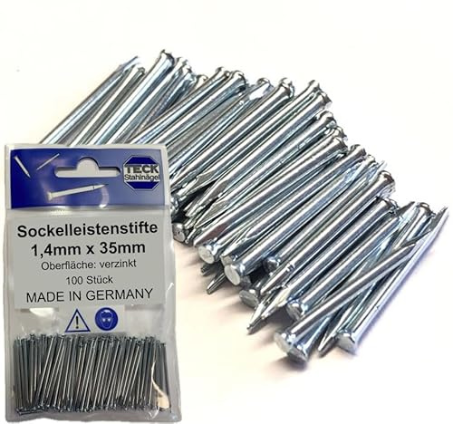TECK Stahlnägel Stahlstifte Sockelleistenstifte 1,4 x 35 mm, Flachkopf, 100 Stück, verzinkt | extra stark für Mauerwerk, Beton und Ziegel |