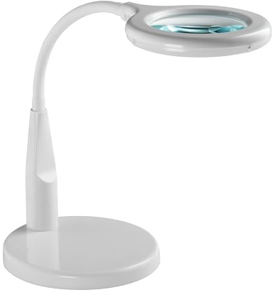 Alco-Albert - LED Lupenleuchte mit 14 cm Lupe weiß | Vergrößerungsleuchte mit 3,5 Zoll Glaslinse, 3 und 12 Dioptrien, für Basteln, Lesen und Feinarbeiten