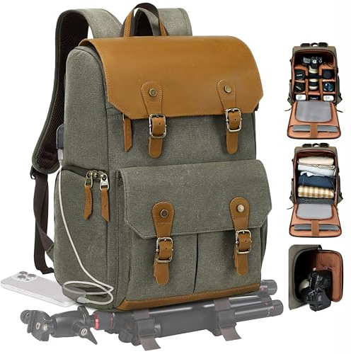 Padwa Lifestyle Green Canvas Camera Backpack - Large Camera Bag,Multi DSLR & UAV Professional Camera Backpacks with 16” Laptop & Lens Compartment and Tripod Holder for Photographers