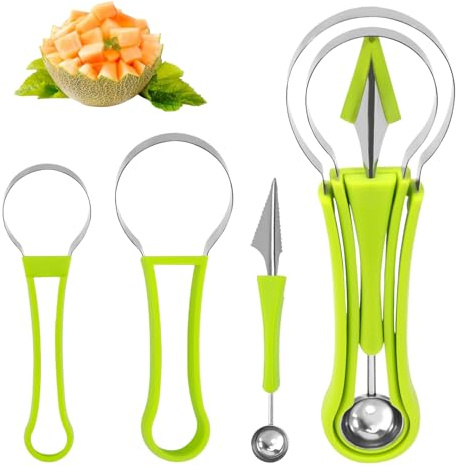 Zeaying Cortador de sandía 3 en 1, Cortadors de sandía de Acero Inoxidable, Cortador de Melón y Sandía, Herramienta de Corte de Tenedor de Fruta, Cortadors de sandía, para Acampar y Picnics(Verde)