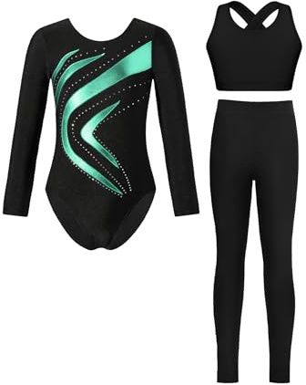 Miutii 3Pcs Mädchen Turnanzug Langarm Glitzer Gymnastikanzug Ballettanzug + Sport BH Tops + Hose Gymnastik Leotard Wettbewerb Tanzkostüm