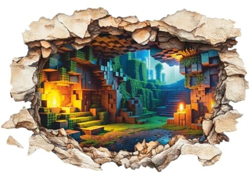 Pixel-Art Mine Gaming Wandaufkleber Wandtattoo 3D Wanddurchbruch – Block-Design Landschaft Wandsticker – Kinderzimmer Deko für Jungen – Einfach Anzubringen – 40 × 60 cm