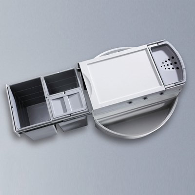 Hailo Rondo Comfort Eckabfallsammler 3646231 | 3-fach Mülltrennung 20+2×10 L | für 90 cm Eckschrank in der Küche | Einbau Abfallsystem mit Kehrset und Multifunktionseimer | Hellgrau