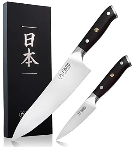 Fukito Ebène X50 - Coffret 2 Couteaux de Cuisine Design Japonais Chef + Office, Lames Acier Inoxydable Allemand au Carbone, Manches Bois d'Ebène - Pour Chefs Professionnels & Particuliers
