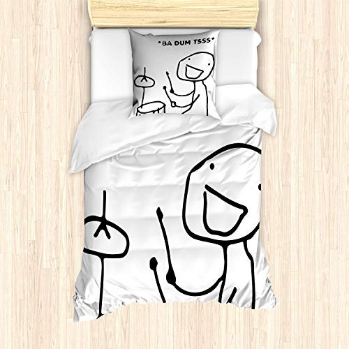 ABAKUHAUS Humor Bettbezug Set, Badumts Drum Meme Comics, Milbensicher Allergiker geeignet mit Kissenbezügen, 135 cm x 200 cm - 80 x 80 cm, Schwarz und weiß