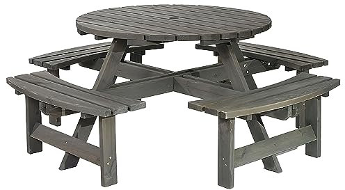 BrackenStyle York 8 Seat Round Picnic Table with Bench Seats and Parasol Hole - Outdoor Dining Furniture for Pubs Garden Patio Use 8 People Seater 1.8M 180cm 6ft Diameter (Dark Grey Wash)