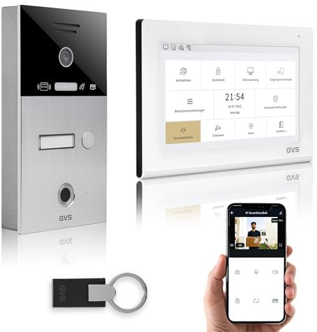 GVS - IP Video Türsprechanlage mit Türöffner, Fingerprint & RFID, HD Kamera, 1x 7 Zoll Monitor & App - Smarte Video Türklingel mit Kamera & Gegensprechanlage für 1 Familienhaus (AVS4471A)
