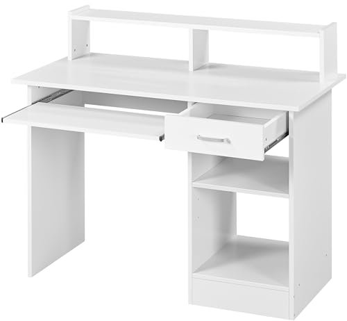 Yaheetech White Home Office Computer Desk, Small Study Workstation, Writing Desk with Keyboard Tray/Open Shelves/Hutch, 106x50x94cm Home Office Furniture for Small Space