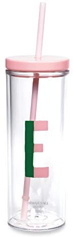 Kate Spade New York Insulated Initial Tumbler with Reusable Straw, 20 Ounce Acrylic Travel Cup with Lid, E (Pink)