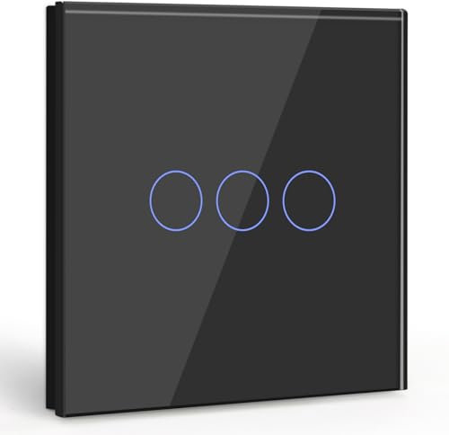 BSEED Touch Lichtschalter 3 Fach 1 Weg Wandschalter Unterputz Lichtschalter mit Glasrahmen 86mm Lichtschalter Schwarz 500W(Nicht Smart Schalter)