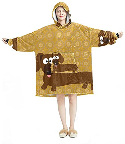 Eslifey Oversized Hoodie Blanket Sweatshirt, Sherpa Flannel Wearable Blanket Hoodies with Pocket for Adults Men Women, Dachshund Hot Dog