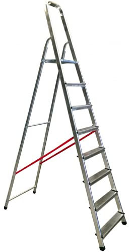 Escalera de Aluminio doméstica Ligera y Resistente, Apertura en Tijera, Plegable, con Cinta de Seguridad y peldaños de 8cm Antideslizantes, 8 PELDAÑOS. Uso Profesional.