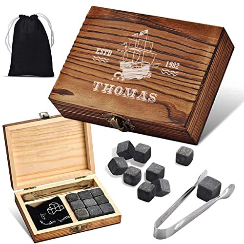 4-TLG Whisky Steine Set personalisiert - 9X Eiswürfel, 1x Holzkiste, 1x Zange und 1x Stoffbeutel - wiederverwendbar - ohne verwässern genießen - Gin, Rum, Whisky, Bourbon, Scotch - Motiv Schiff