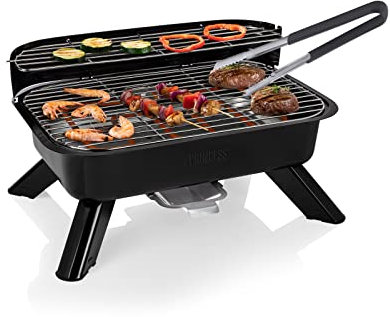 Princess Fun Cooking Barbecue hybride avec pince à barbecue - Électrique ou charbon de bois - 2000 W, thermostat réglable, bac récupérateur de graisse, hybride (électrique et charbon de bois)