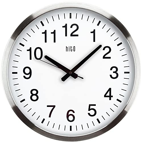 HITO 16 Silent Wall Clock Battery Operated Non Ticking Sweep Movement Glass Cover Silver Aluminum Frame, for Kitchen, Bedroom, Home Office, Living Room Decor
