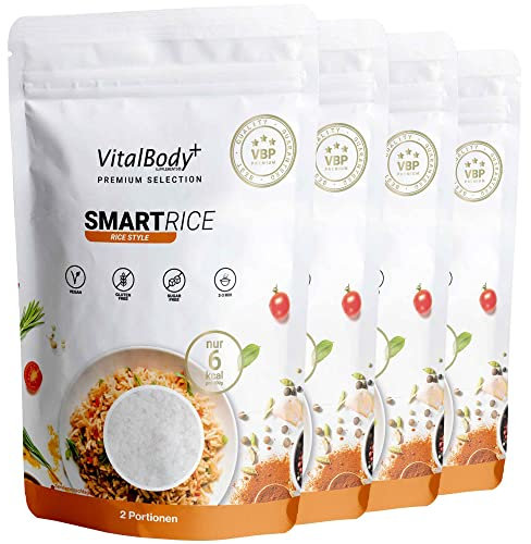 VitalBodyPLUS SmartRice, 4er Pack, kalorienarmer Konjakreis, nur 6 kcal pro Portion, Low Carb, ideal zum Abnehmen – glutenfrei, vegan und geruchlos, zertifiziert & laborgeprüft