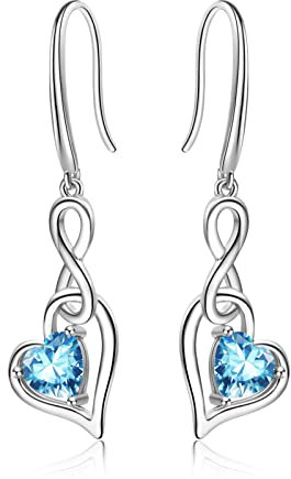 Geburtsstein Unendlich Ohrringe für Damen- Qings 925 Sterling Silber MärzAquamarin Unendlichkeit Herz Zirkonia Baumeln Tropfen Edelstein Ohrstecker Weihnachten Geburtstag Infinity Schmuck
