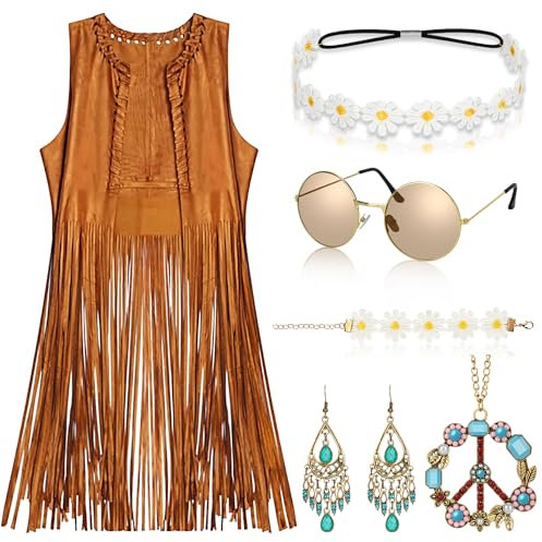 Alintor Hippie Kostüm, 70er Jahre Outfit, Weste Mit Accessoires, Flower Power Kleidung, Faschingskostüme, Karneval Kostüm Für Damen