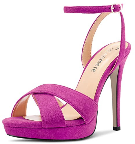 Castamere Mujer Aguja Alto High Plataforma Heel Abierta Punta Correa Tobillo Sandalias de Boda Baile 12 CM Heels Fucsia 39 EU