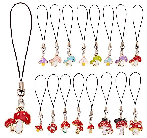 BEEFLYING 16 Stück Schlüsselanhänger-Schnur-Anhänger, Handy-Anhänger, Riemen, niedlicher Pilz, Handy-Anhänger, Kawaii-Hängezubehör für Handy und Schlüsselanhänger-Taschen (Pilz)